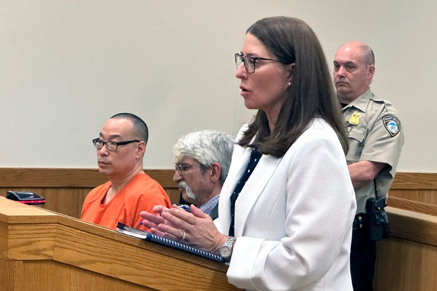 FILE - Michigan Assistant Attorney General Shawn Ryan speaks in court, as pharmacist Glenn Chin, is seated, far left, in Howell, Mich., Friday, May 17, 2024. (AP Photo/Ed White, File)