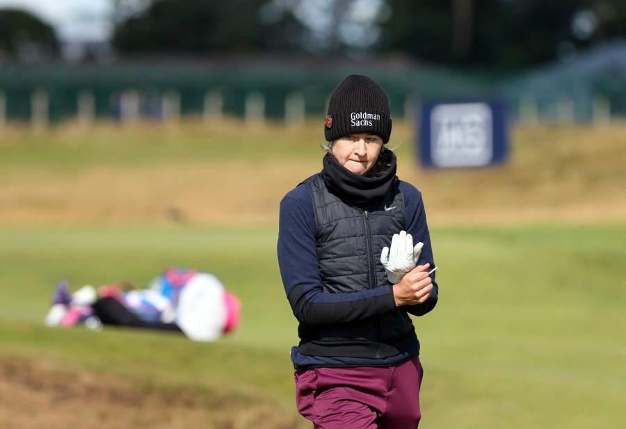 United States' Nelly Korda walks to the 3rd tee during the second round of the Women's British Open golf championship, in St Andrews, Scotland Friday, Aug. 23, 2024. (AP Photo/Scott Heppell)