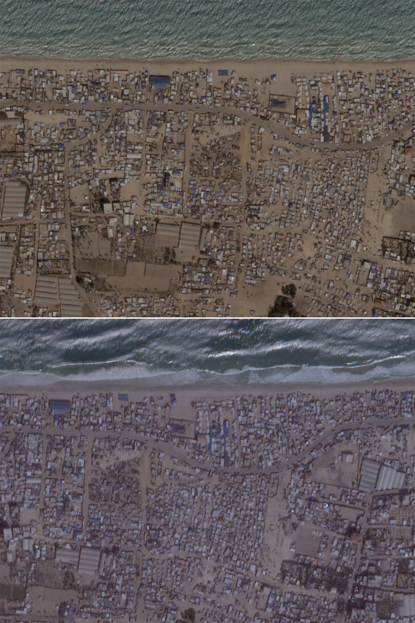 CORRECTS TOWN NAME This satellite photo combination from Planet Labs shows tent camps in Muwasi, a Palestinian town on the southern coast of the Gaza Strip that Israel calls a "humanitarian zone" in July 2024, above, and Aug. 2024 below. (Planet Labs via AP)