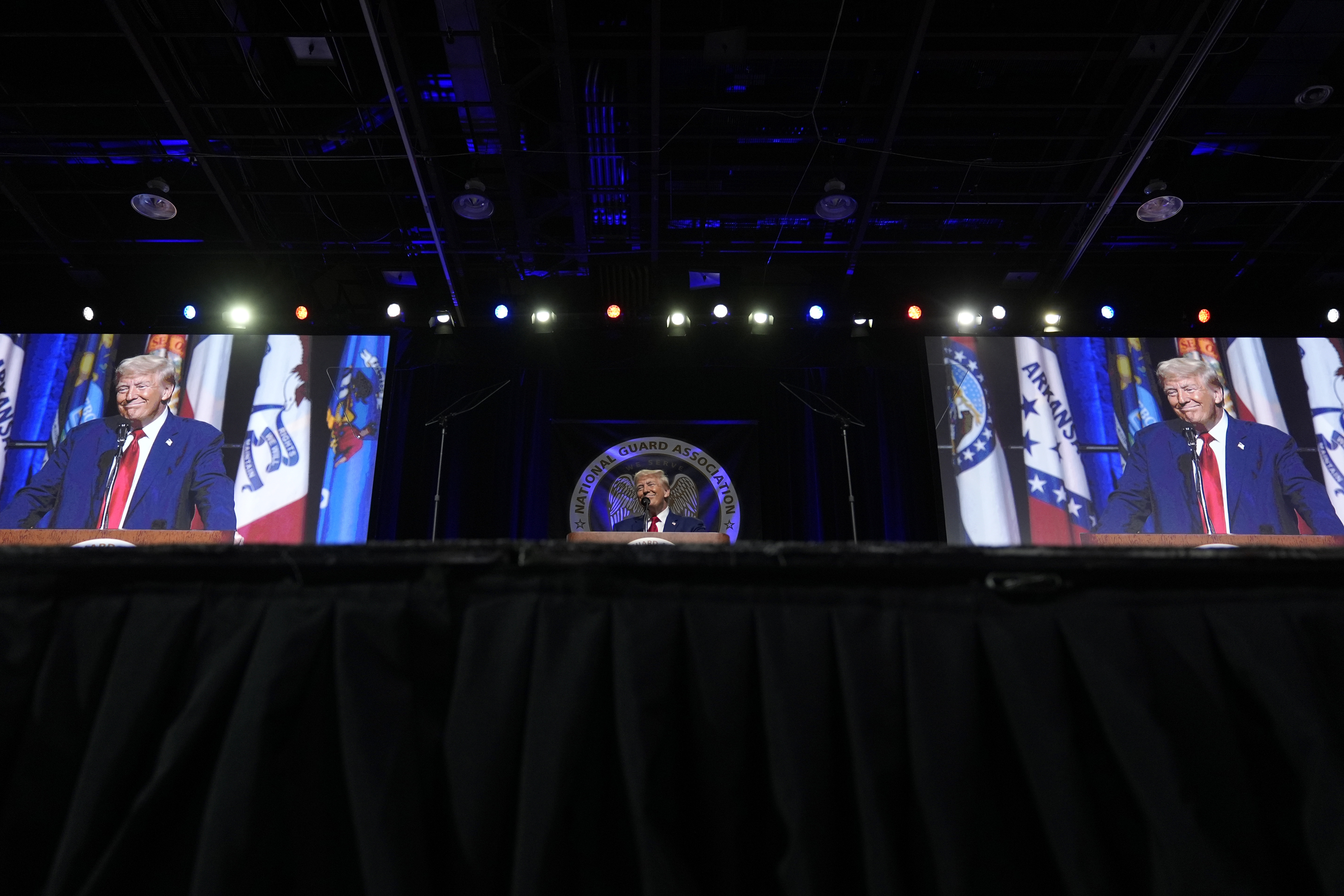 Republican presidential nominee former President Donald Trump speaks at the National Guard Association of the United States' 146th General Conference, Monday, Aug. 26, 2024, in Detroit. (AP Photo/Carolyn Kaster)