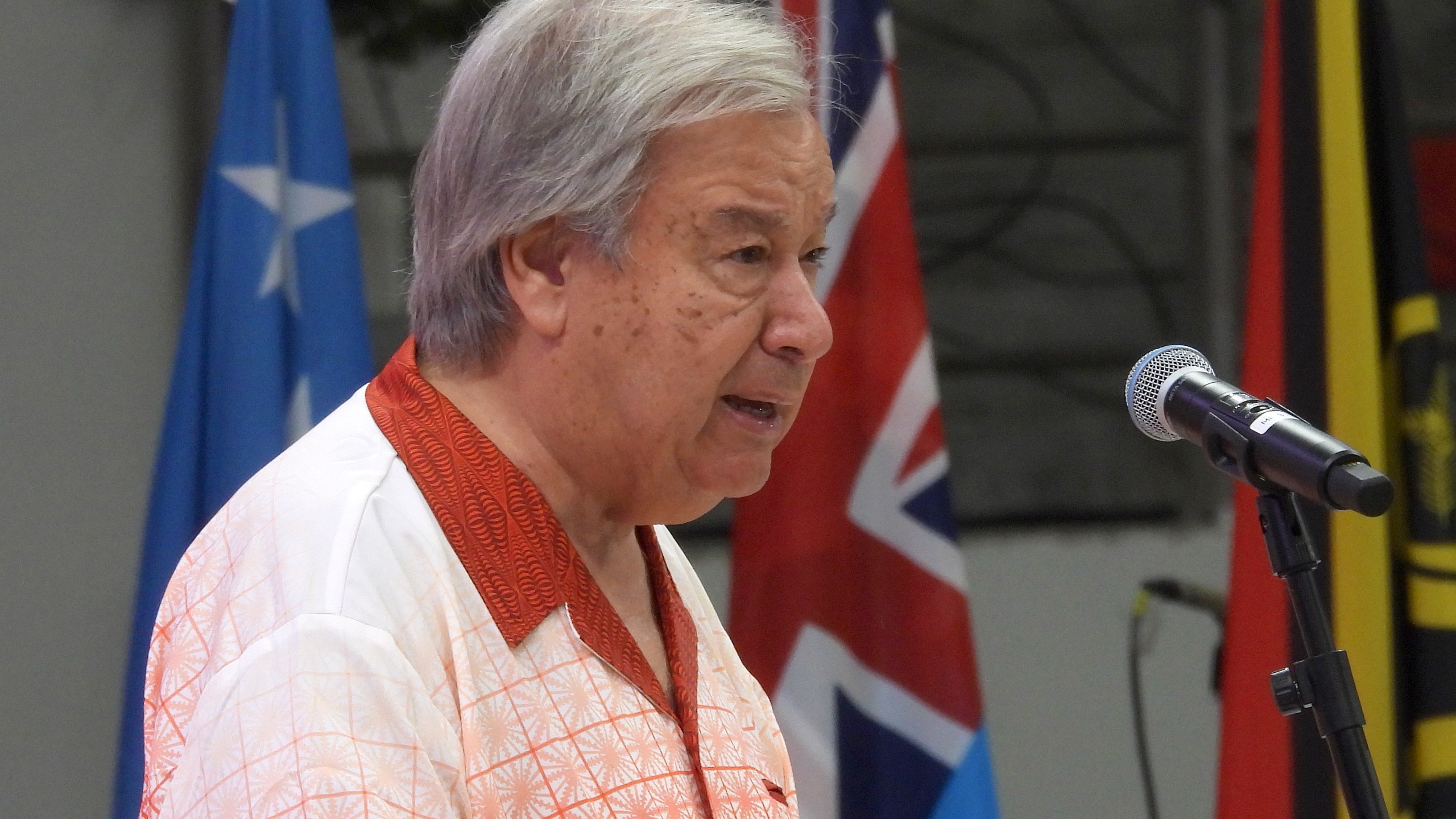 United Nations Secretary-General Antonio Guterres speaks at the opening of the annual Pacific Islands Forum leaders meeting in Nuku'alofa, Tonga, Monday, Aug. 26, 2024. (AP Photo/Charlotte Graham-McLay)