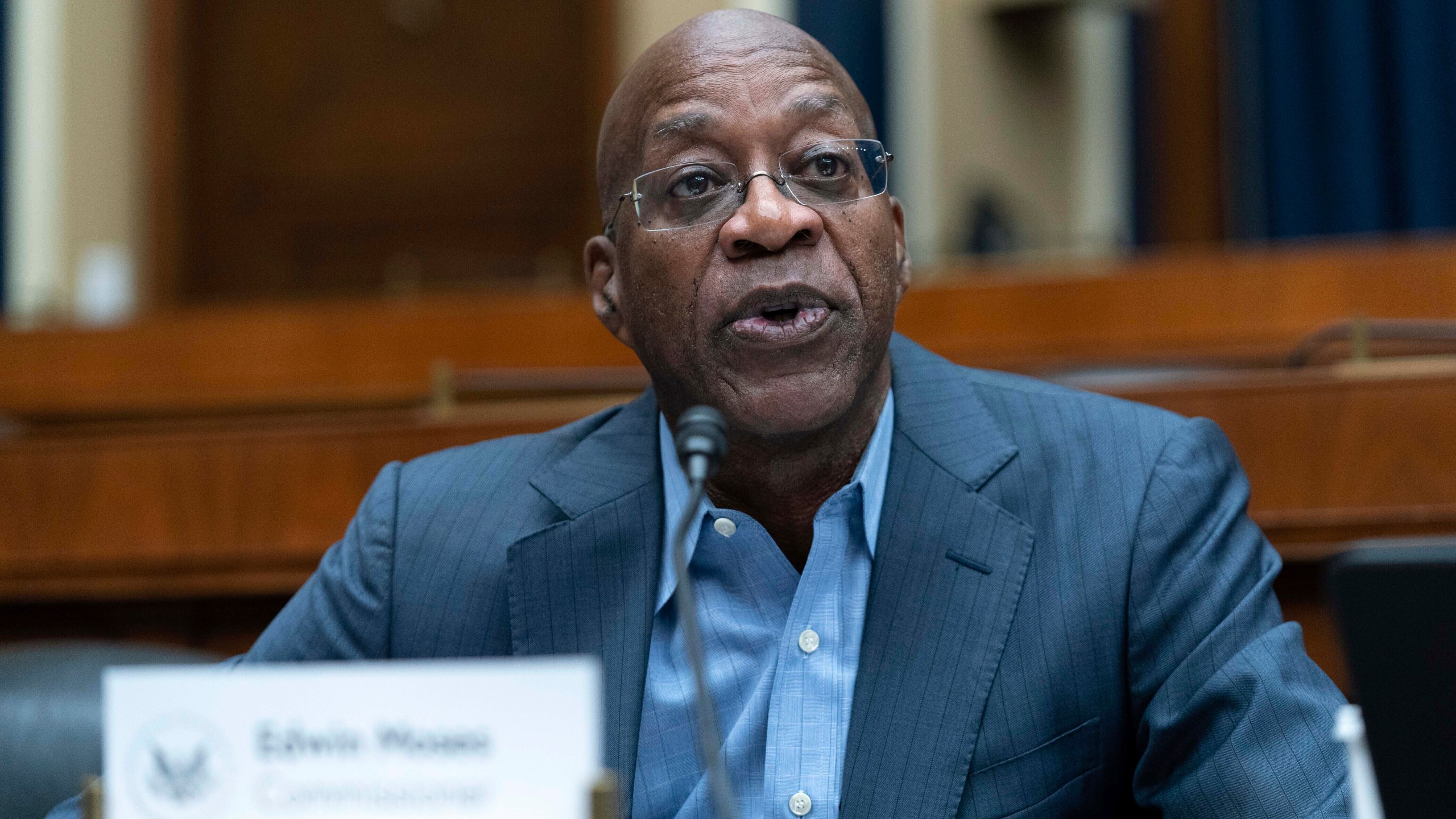 FILE - Edwin Moses speaks during The Commission on the State of U.S. Olympics and Paralympics hearing on Capitol Hill in Washington, Wednesday, Sept. 6, 2023. (AP Photo/Jose Luis Magana, File)