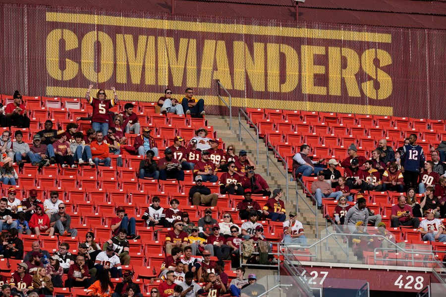 FILE - Fans watch the second half of an NFL football game between the Cleveland Browns and the Washington Commanders, Sunday, Jan. 1, 2023, at FedEx Field in Landover, Md. (AP Photo/Patrick Semansky, File)