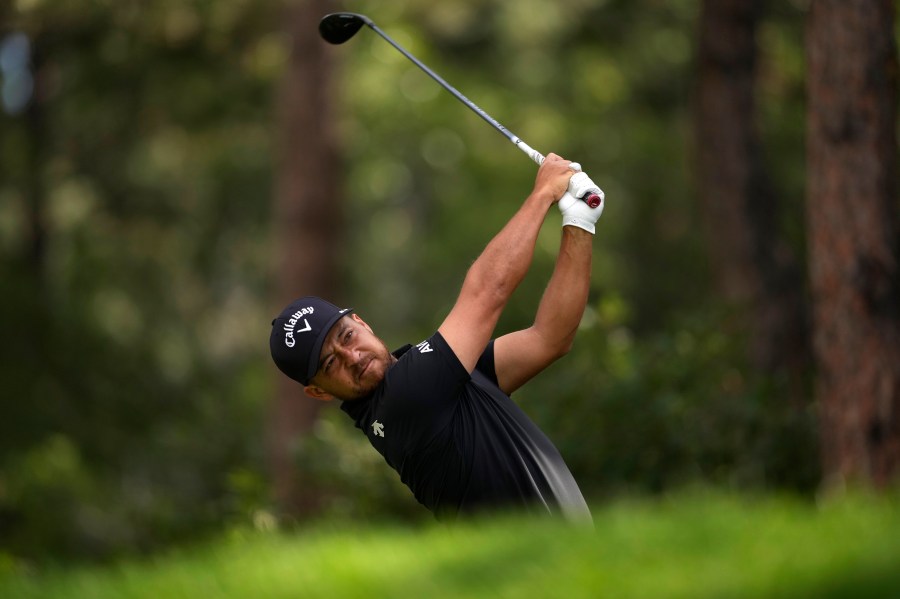 Xander Schauffele hits off the second tee during the third round of the BMW Championship golf event at Castle Pines Golf Club, Saturday, Aug. 24, 2024, in Castle Rock, Colo. (AP Photo/Matt York)