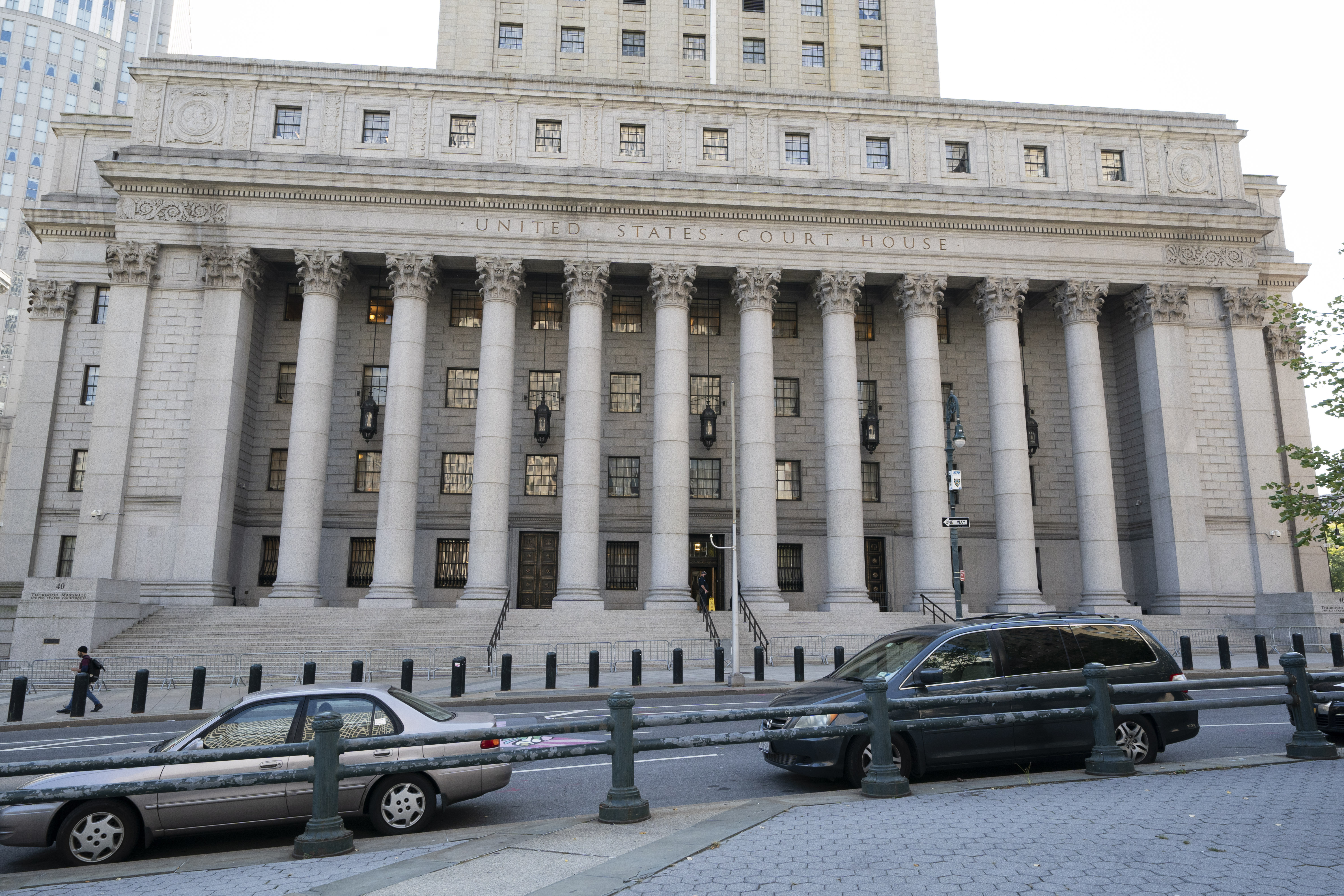 FILE - The Thurgood Marshall United States Courthouse, center, is located at Foley Square, Oct. 7, 2020, in New York. (AP Photo/Mark Lennihan, File)