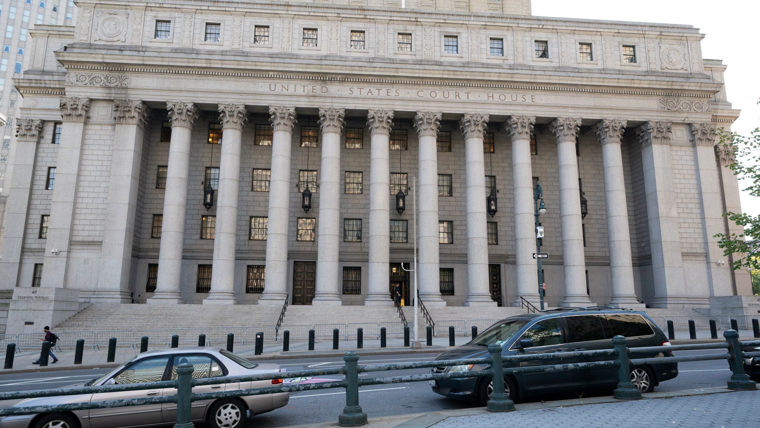 FILE - The Thurgood Marshall United States Courthouse, center, is located at Foley Square, Oct. 7, 2020, in New York. (AP Photo/Mark Lennihan, File)