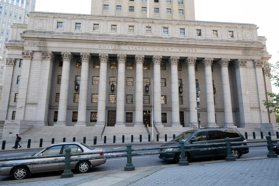FILE - The Thurgood Marshall United States Courthouse, center, is located at Foley Square, Oct. 7, 2020, in New York. (AP Photo/Mark Lennihan, File)