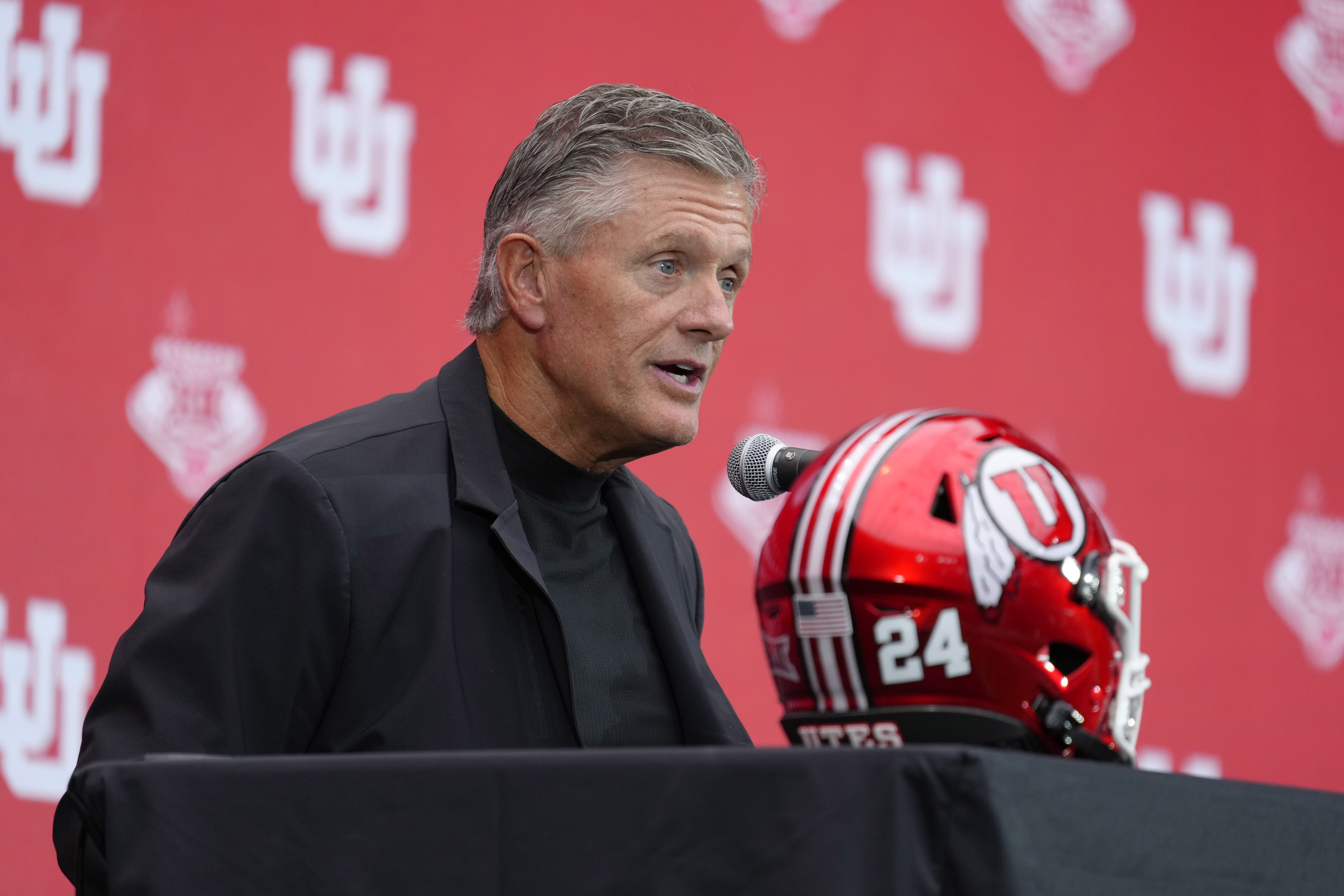 FILE - Utah head coach Kyle Whittingham speaks during the Big 12 NCAA college football media days in Las Vegas, Tuesday, July 9, 2024. (AP Photo/Lucas Peltier, File)
