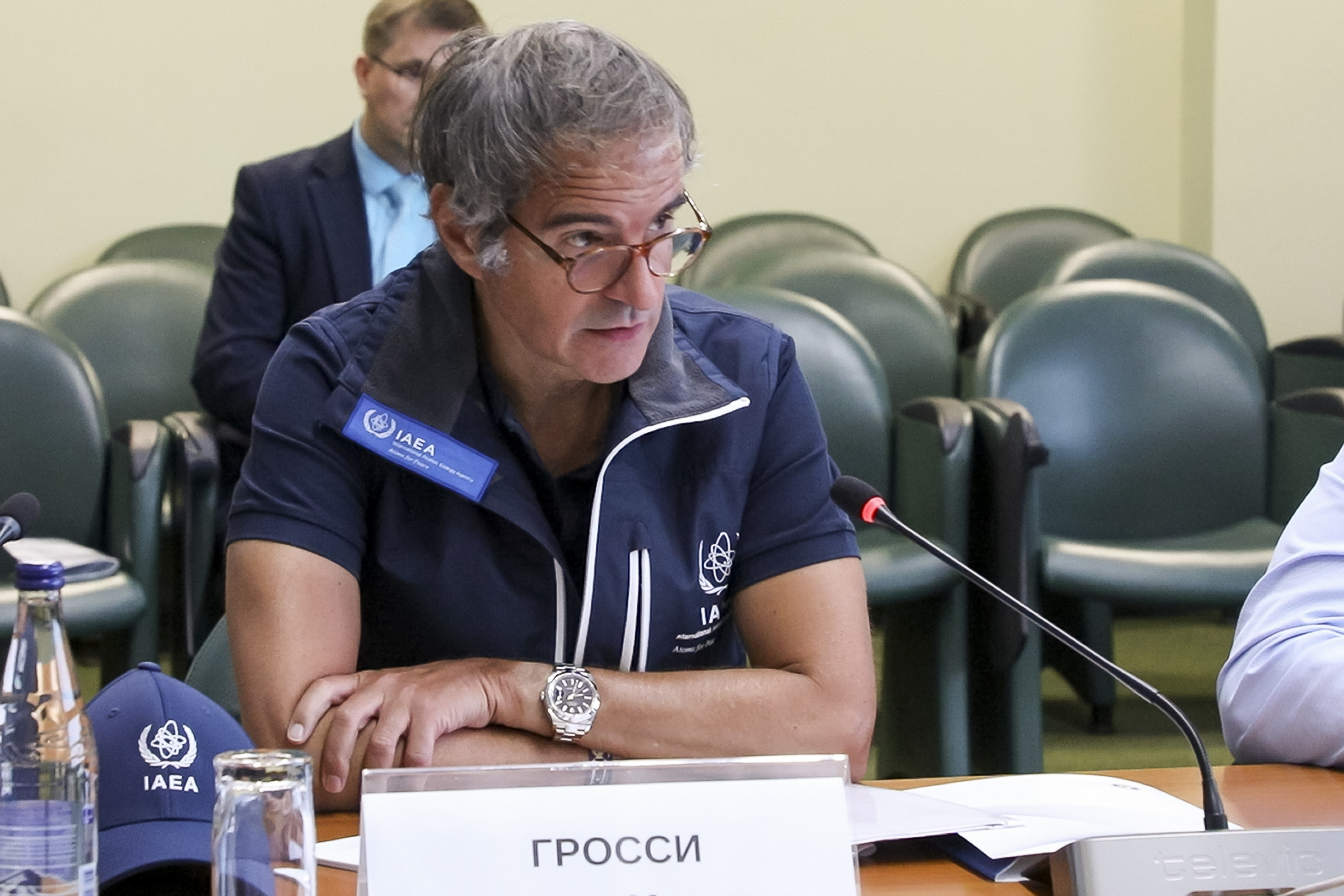 In this photo taken from video released by Rosatom State Atomic Energy Corporation, International Atomic Energy Agency chief Rafael Grossi, center, attends a meeting as he arrives to inspect the Kursk Nuclear Power Plant (KNPP) outside the town of Kurchatov, in the Kursk region, Russia, Tuesday, Aug. 27, 2024. (Rosatom State Atomic Energy Corporation via AP)