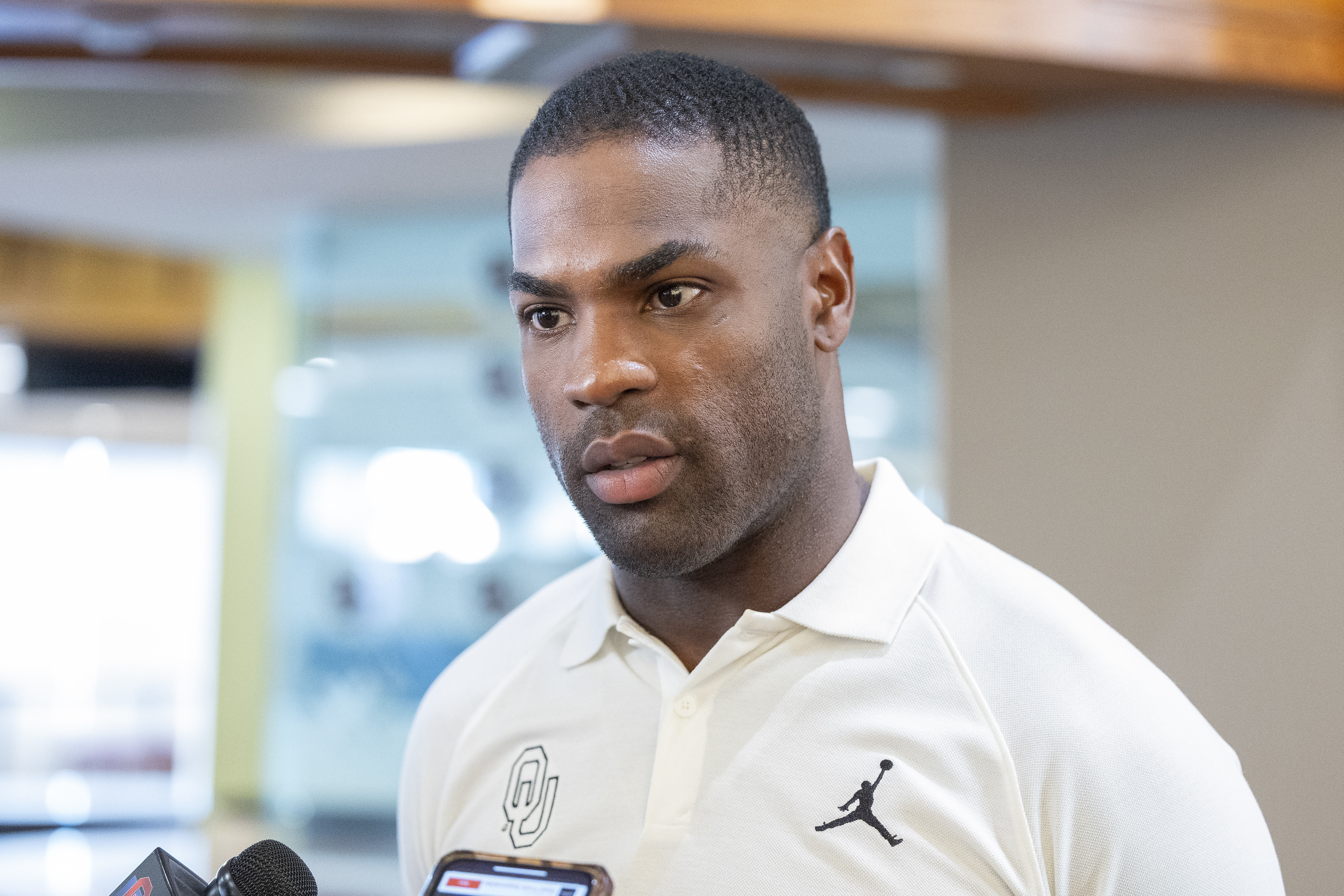FILE - Oklahoma running backs coach DeMarco Murray speaks during an NCAA college football media day, Tuesday, Aug. 1, 2023, in Norman, Okla. (AP Photo/Alonzo Adams, File)