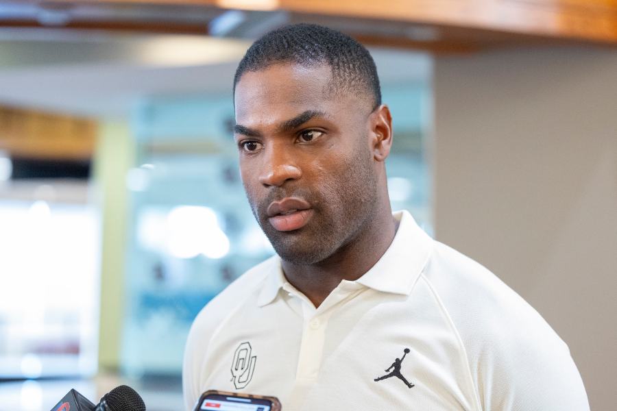 FILE - Oklahoma running backs coach DeMarco Murray speaks during an NCAA college football media day, Tuesday, Aug. 1, 2023, in Norman, Okla. (AP Photo/Alonzo Adams, File)