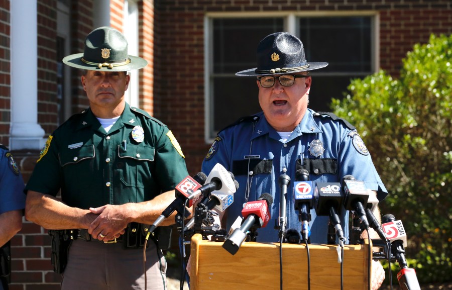 Col. William Ross, chief of Maine State Police, speaks during a news conference after a man connected to a homicide was fatally shot by police on a bridge that connects New Hampshire to Maine, and found an 8-year-old child shot to death in the man's car, Thursday, Aug. 29, 2024 in Kittery, Maine. (AP Photo/Rodrique Ngowi)