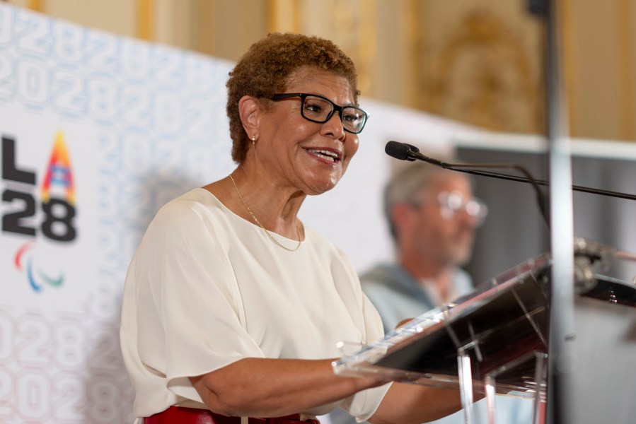 Los Angeles Mayor Karen Bass speaks at a reception at the U.S. Chief of Mission Residence to commemorate the opening of the 2024 Summer Olympics and celebrate the upcoming 2028 Olympic Games, to be held in Los Angeles, Saturday, July 27, 2024, in Paris. (AP Photo/David Goldman)