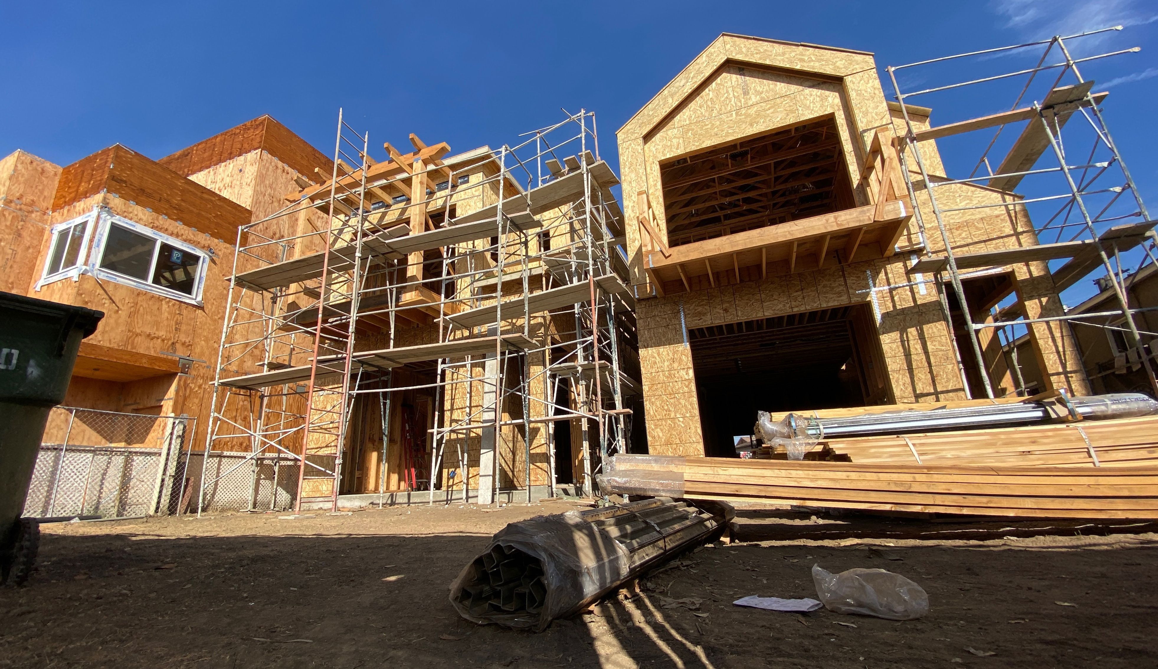 A house under construction is seen in Culver City, a neighborhood of Los Angeles on November 21, 2020. (Photo by CHRIS DELMAS/AFP via Getty Images)