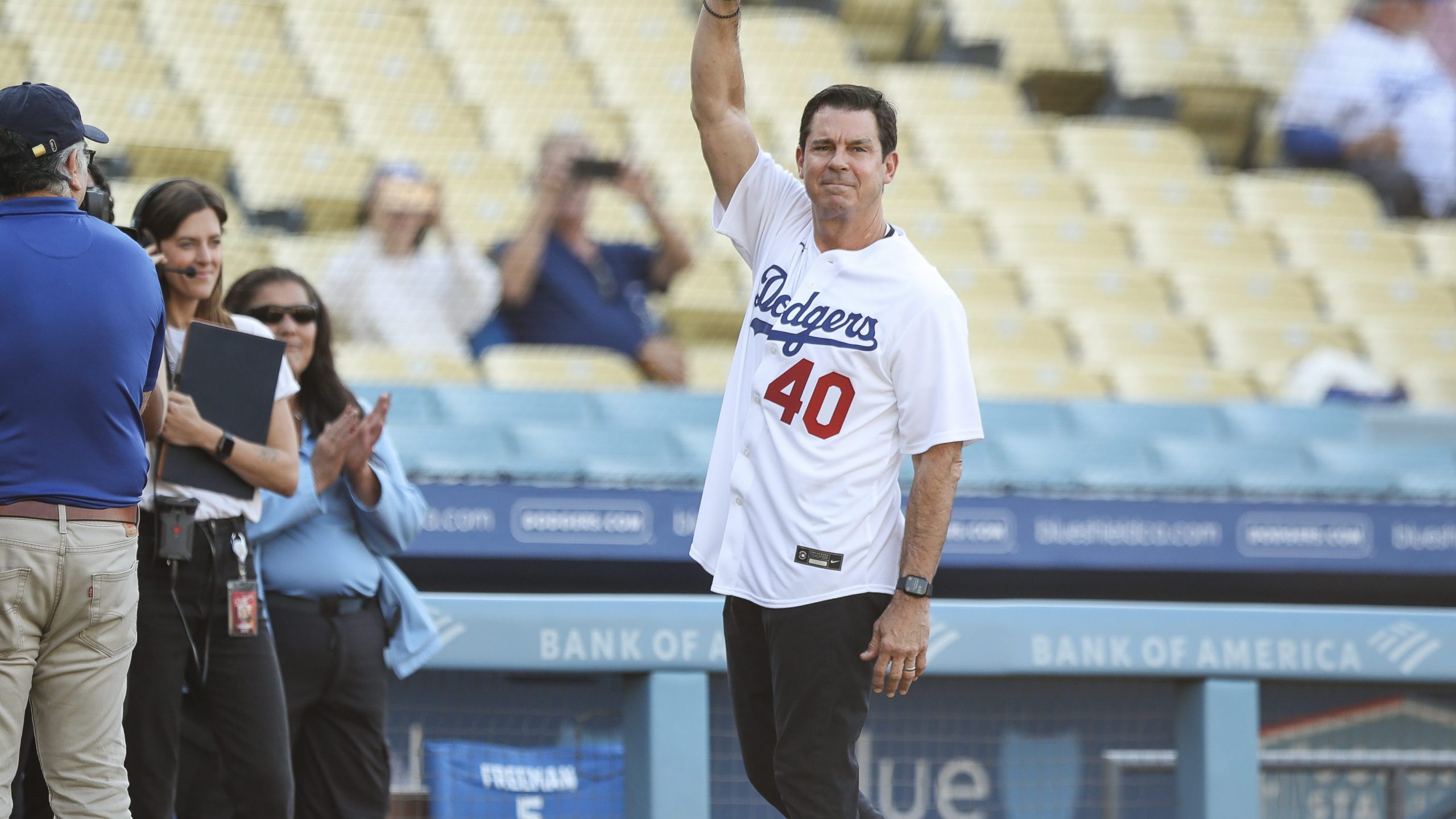 Former Dodger Billy Bean is recognized for Pride Night before the game between the Los Angeles Dodgers and the San Francisco Giants at Dodger Stadium on June 16, 2023 in Los Angeles, California. (Getty Images)