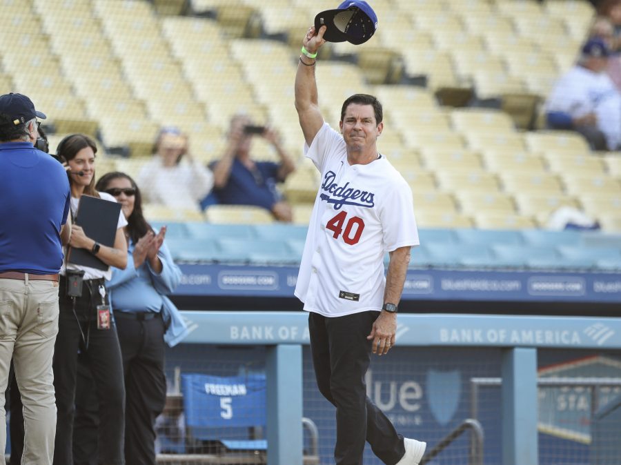 Former Dodger Billy Bean is recognized for Pride Night before the game between the Los Angeles Dodgers and the San Francisco Giants at Dodger Stadium on June 16, 2023 in Los Angeles, California. (Getty Images)