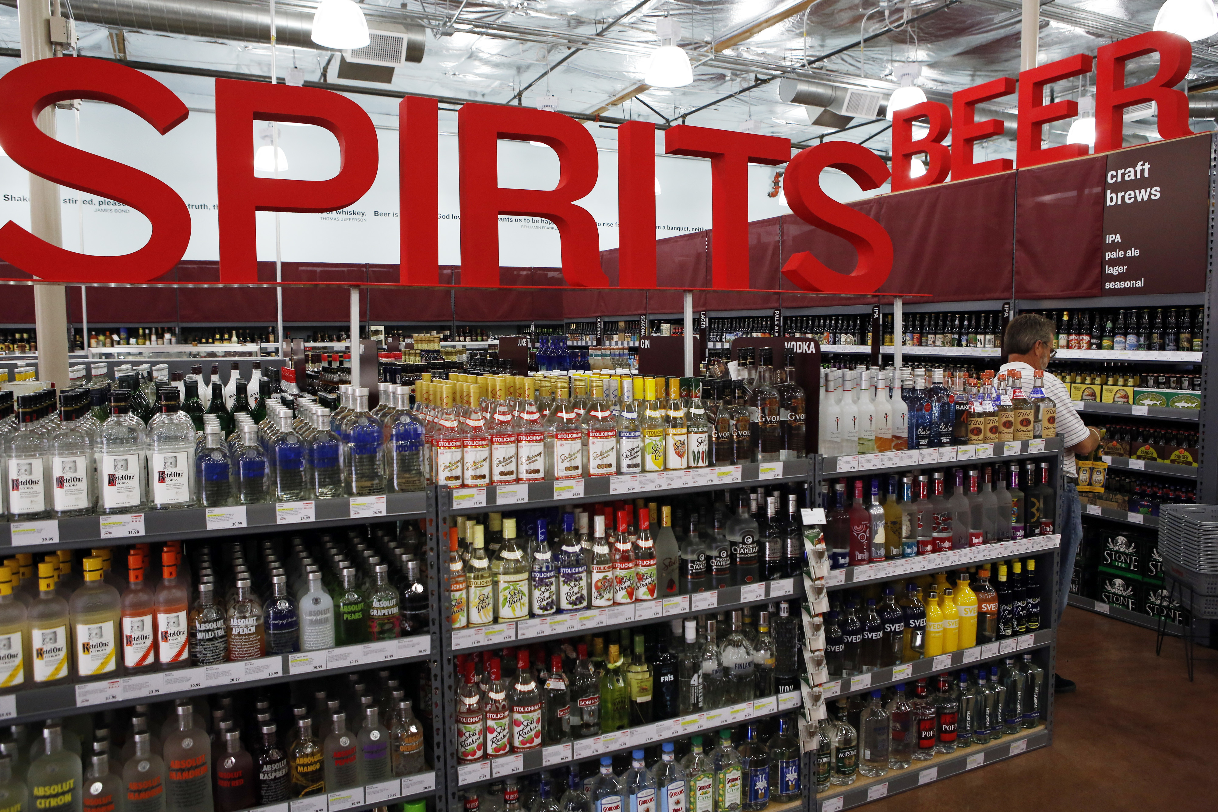 Bottles of spirits including Svedka Vodka, from Constellation Brands Inc., are displayed for sale at a BevMo! store in Upland, California, U.S., on Wednesday, Oct. 2, 2013. (Patrick T. Fallon/Bloomberg via Getty Images)