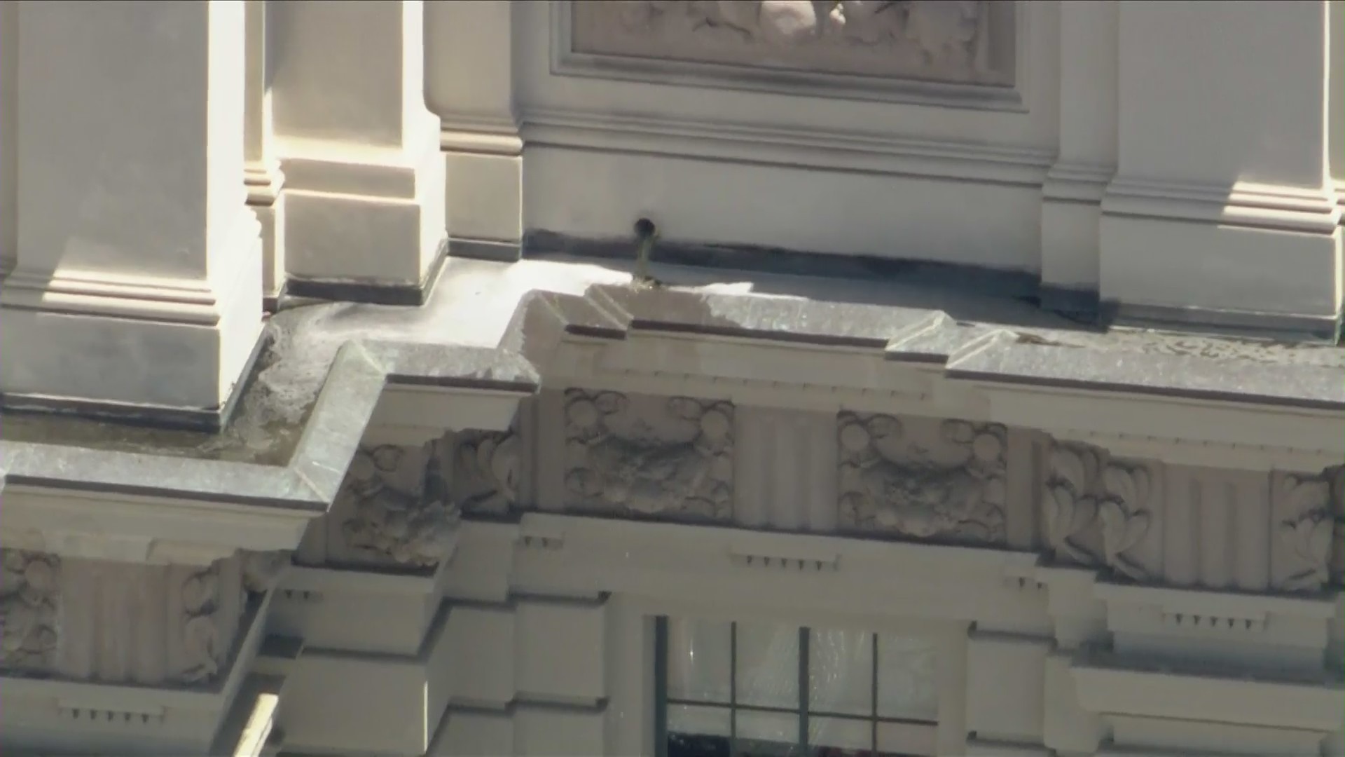 Fire crews assembled outside Pasadena City Hall where water leaked from the side of the building following a 4.4 magnitude earthquake on Monday Aug. 12, 2024. (KTLA)