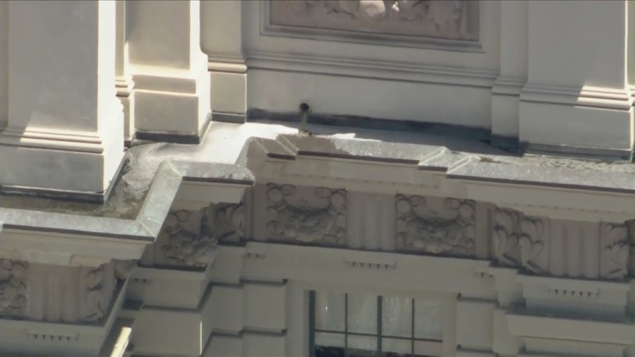 Fire crews assembled outside Pasadena City Hall where water leaked from the side of the building following a 4.4 magnitude earthquake on Monday Aug. 12, 2024. (KTLA)