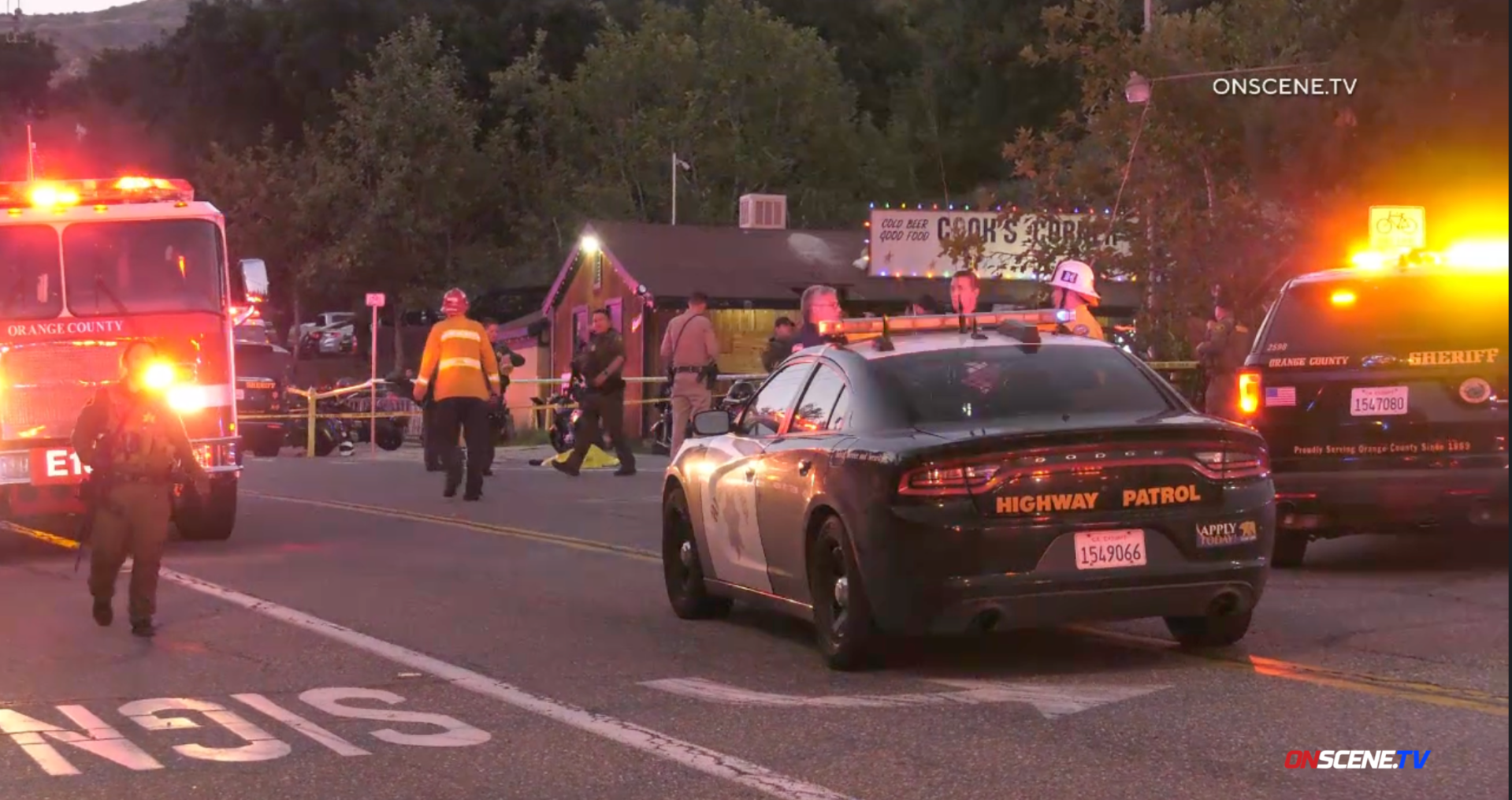 Authorities responded after several people were shot at Cook's Corner, a biker bar in Trabuco Canyon on August 23, 2023. (OnScene.TV)