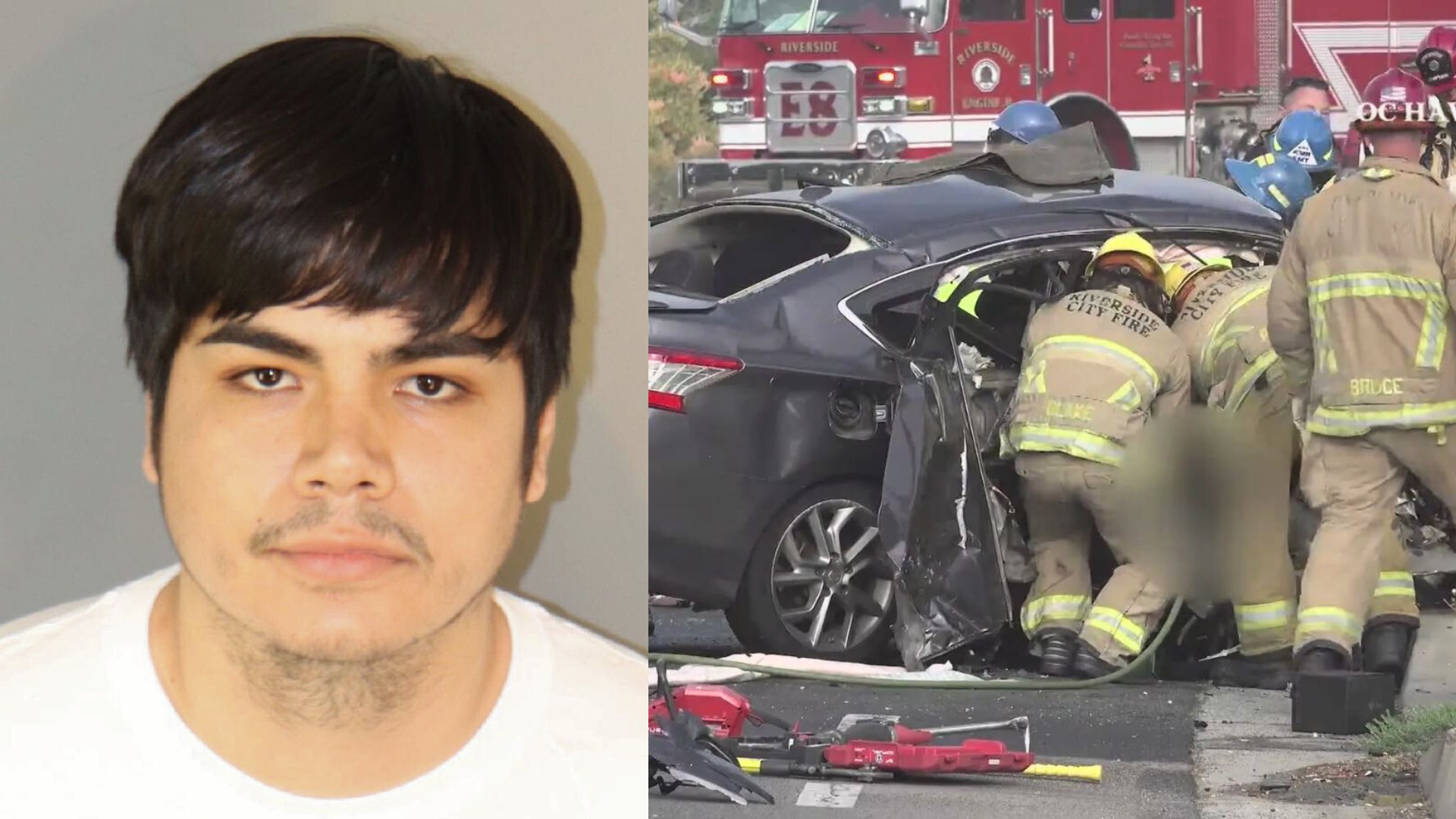 From left: The suspect, Andres Laris, 23, from Riverside, is seen in a booking photo from the Riverside Police Department. / Video from the scene showed Riverside City Fire crews extricating the occupants of the Nissan after a deadly head-on crash in Riverside on May 16, 2023. (OC Hawk)