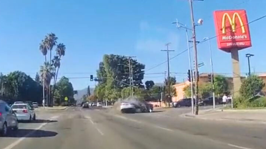 Dashcam video captured a high-speed crash that left a pickup truck in flames in the Mission Hills neighborhood of the San Fernando Valley on August 17, 2024. (Seth Gurlal)