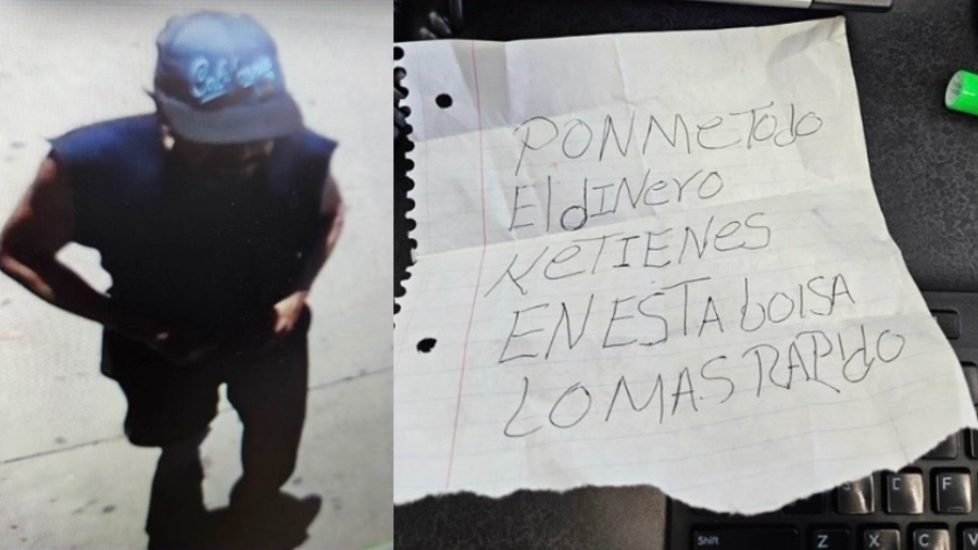 The suspect was caught on surveillance camera fleeing the Santa Ana store on Aug. 7, 2024. The note he handed to the teller written in Spanish can be seen. (Santa Ana Police Department)