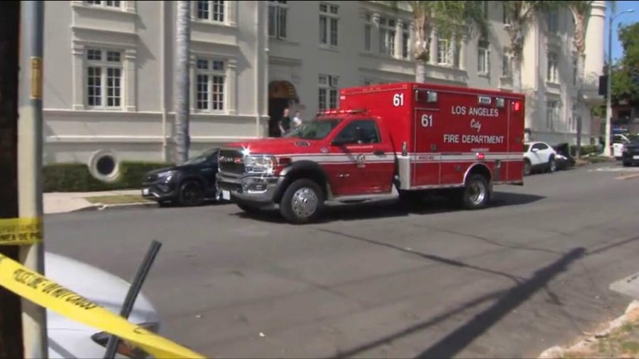The male suspect was transported to the hospital for injury treatment. (KTLA)