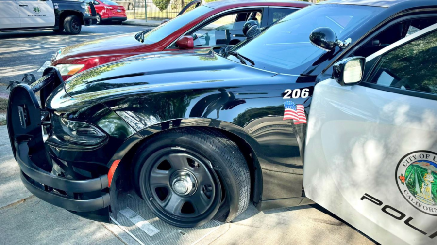 The suspect's red Toyota Camry sedan crashed into a police vehicle during a pursuit on August 13, 2024. (Upland Police Department)
