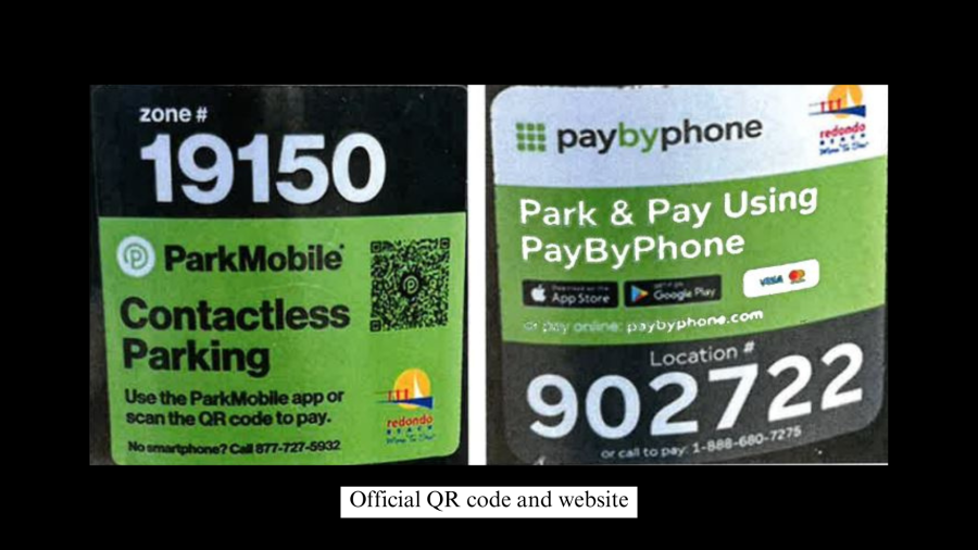 Official QR code stickers provided by the city of Redondo Beach on parking meters. (Redondo Beach Police Department)