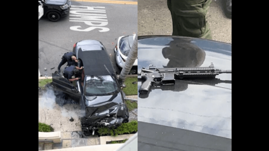 A rilfe was found in the back of a robbery suspect's vehicle after a pursuit crash in Koreatown on August 1, 2024. (@laurenorion)