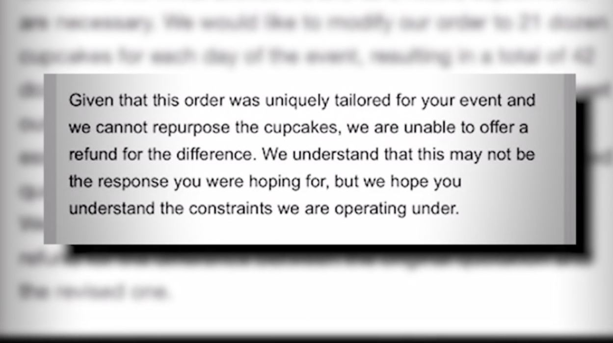 Loria Stern's reply to the scammer telling her the custom order could not be altered anymore. (Loria Stern)