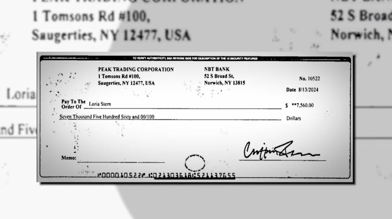 The check that was sent by the scammer that Loria Stern successfully cashed before later discovering the check was counterfeit. (Loria Stern)