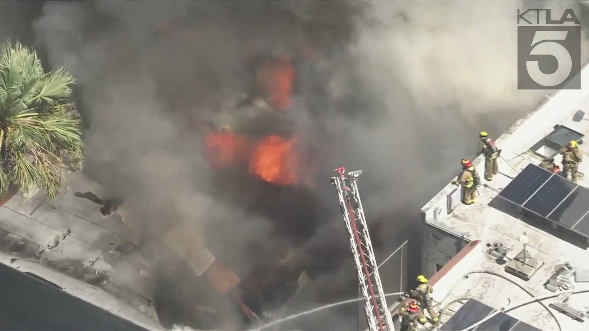 Fire crews battle a structure fire on Kohler Street in downtown Los Angeles on Aug. 27, 2024. (KTLA)