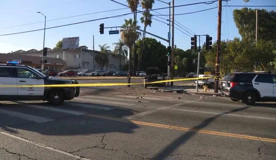 Both vehicles spun out of control and the truck was engulfed in flames after a high-speed crash in Mission Hills on August 17, 2024. (KTLA)