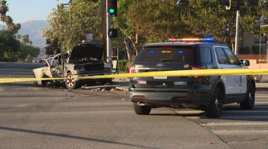 Both vehicles spun out of control and the truck was engulfed in flames after a high-speed crash in Mission Hills on August 17, 2024. (KTLA)