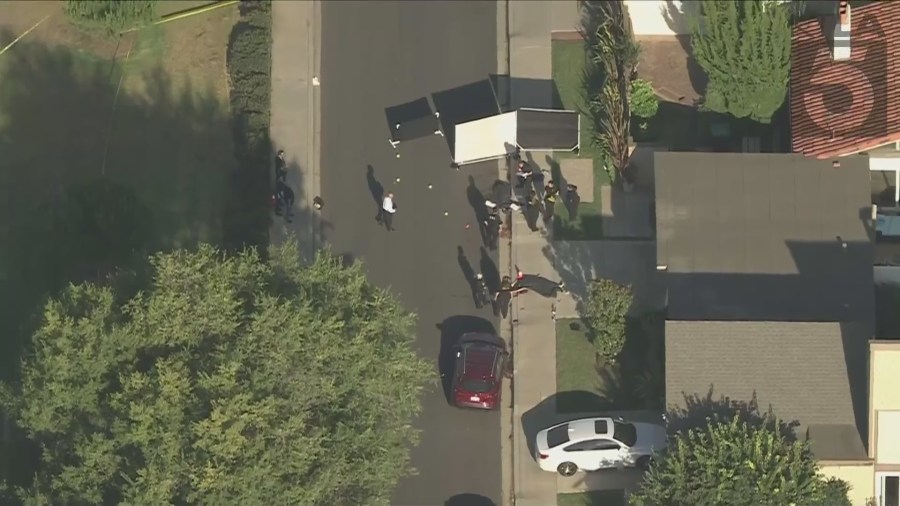 Police shot and killed a suspect who was seen stabbing a female family member outside an Irvine home on August 8, 2024. (KTLA)