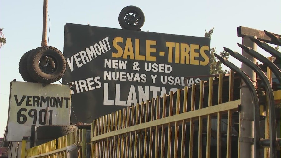 Two arsonists ignited a fire at Vermont Tires in South Los Angeles on August 2, 2024. (KTLA)