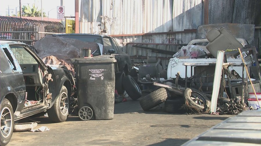 Parked cars and equipment were torched by the fire on August 2, 2024. (KTLA)