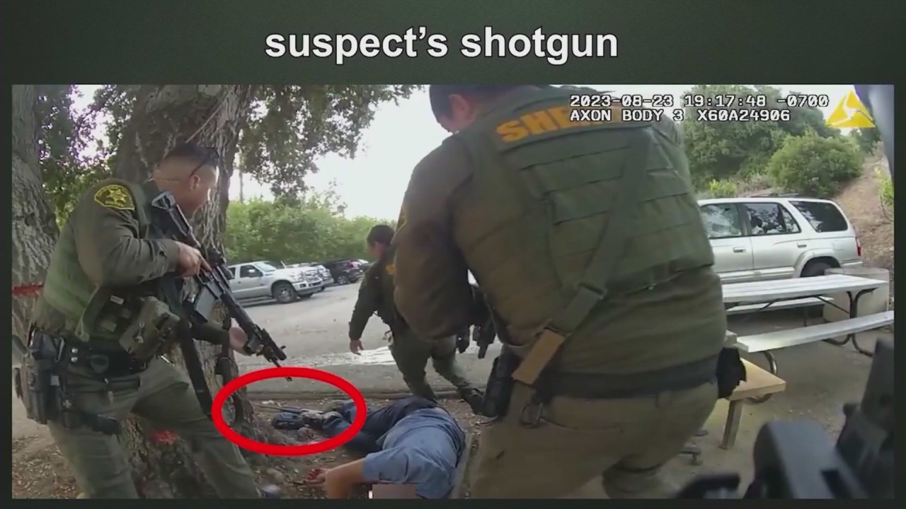 Body worn camera footage shows Orange County Sheriff's Deputies surrounding Cook's Corner gunman John Snowling after he had been fatally shot in an exchange of gunfire with deputies on Aug. 23, 2023. (OCSD)