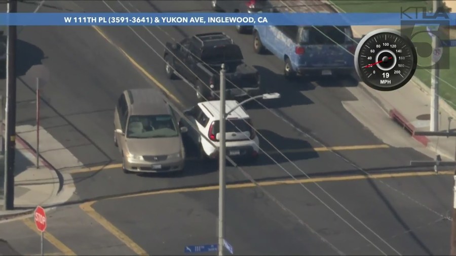 The suspect driver narrowly missed another car while swerving dangerously on surface streets in Inglewood on August 16, 2024. (KTLA)