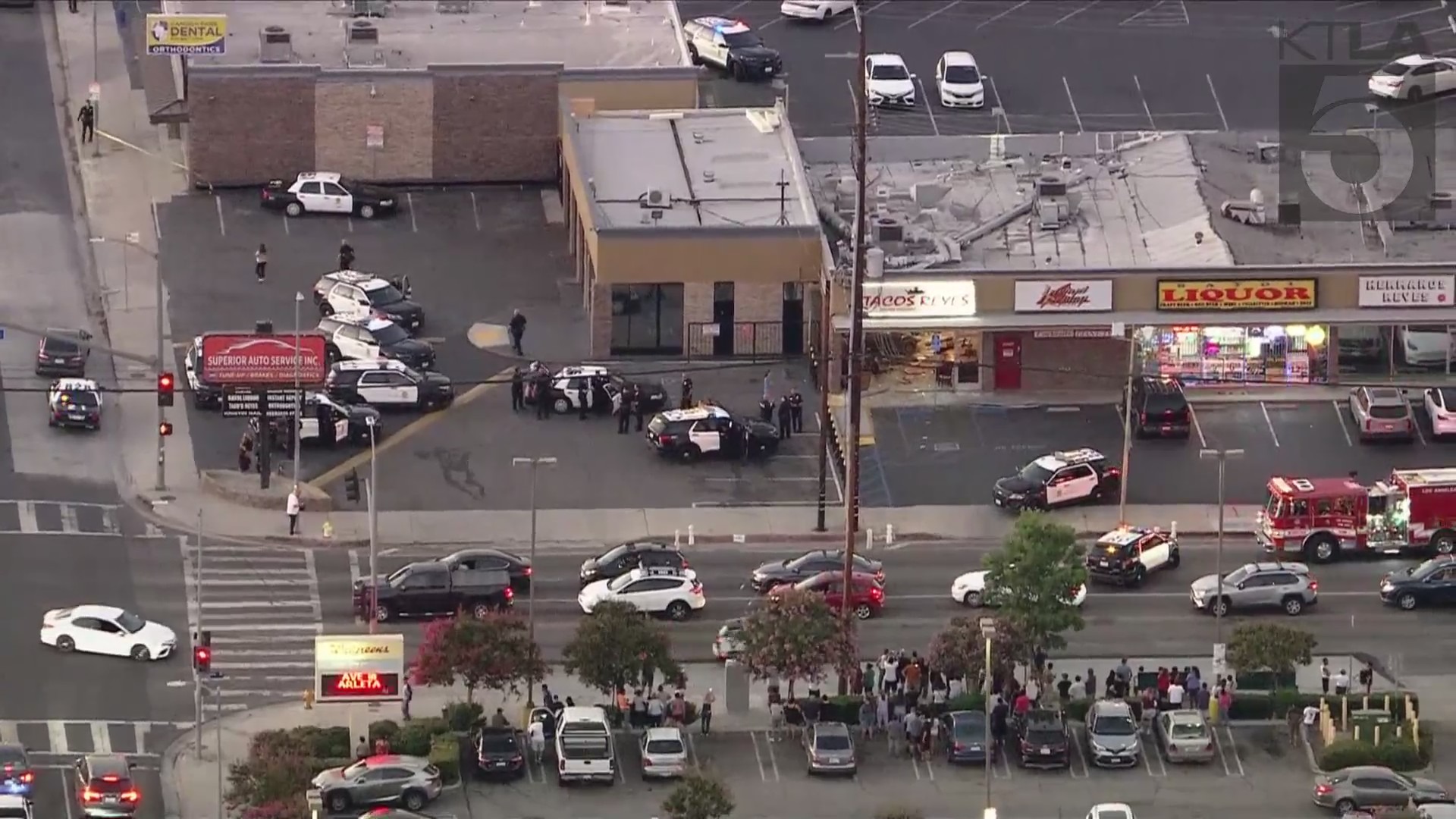 A woman was arrested after intentionally crashing her car into a taco shop in Canoga Park on August 9, 2024. (KTLA)
