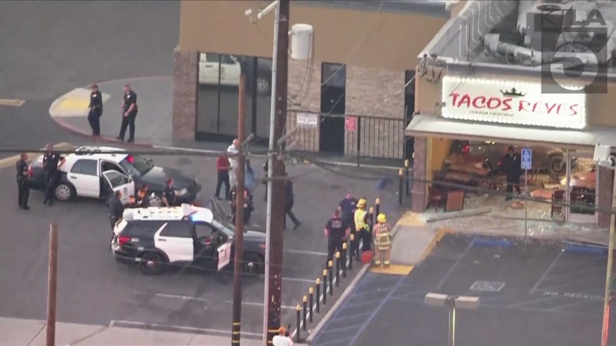 A woman was arrested after intentionally crashing her car into a taco shop in Canoga Park on August 9, 2024. (KTLA)