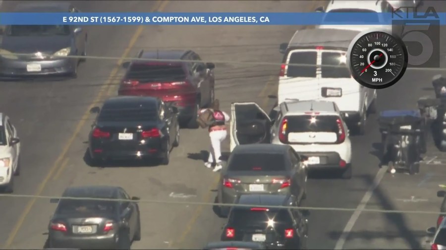 The driver ditched the vehicle and began fleeing on foot as authorities continued tracking the suspect on August 16, 2024. (KTLA)