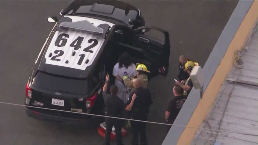 A woman was arrested after intentionally crashing her car into a taco shop in Canoga Park on August 9, 2024. (KTLA)