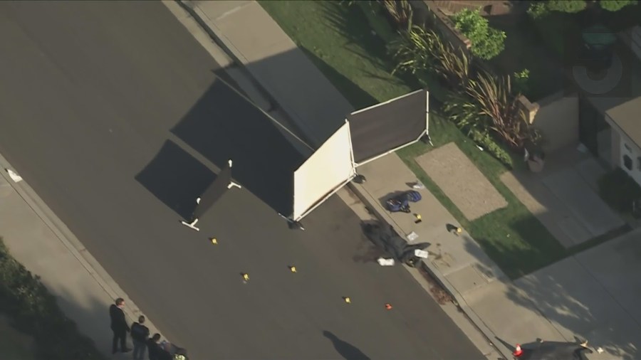 Police shot and killed a suspect who was seen stabbing a female family member outside an Irvine home on August 8, 2024. (KTLA)