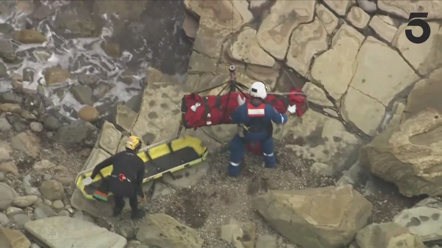 Los Angeles Fire Department crews airlifted a body that was found off a seaside cliff in San Pedro on August 1, 2024. (KTLA)
