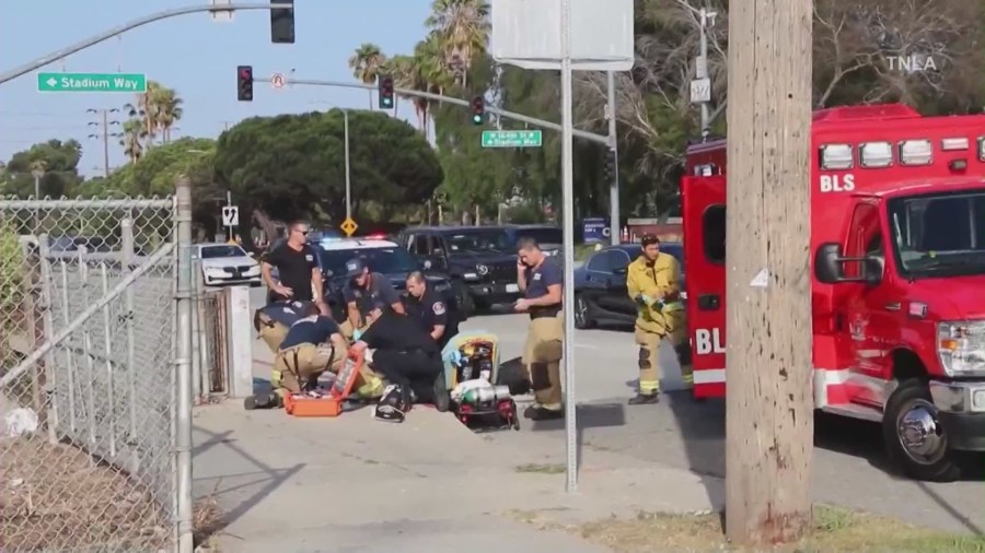 Paramedics rushed a woman with stab wounds to the hospital after she was allegedly stabbed by her son in an attempted murder-suicide at El Camino College in Torrance on August 9, 2024. (TNLA)