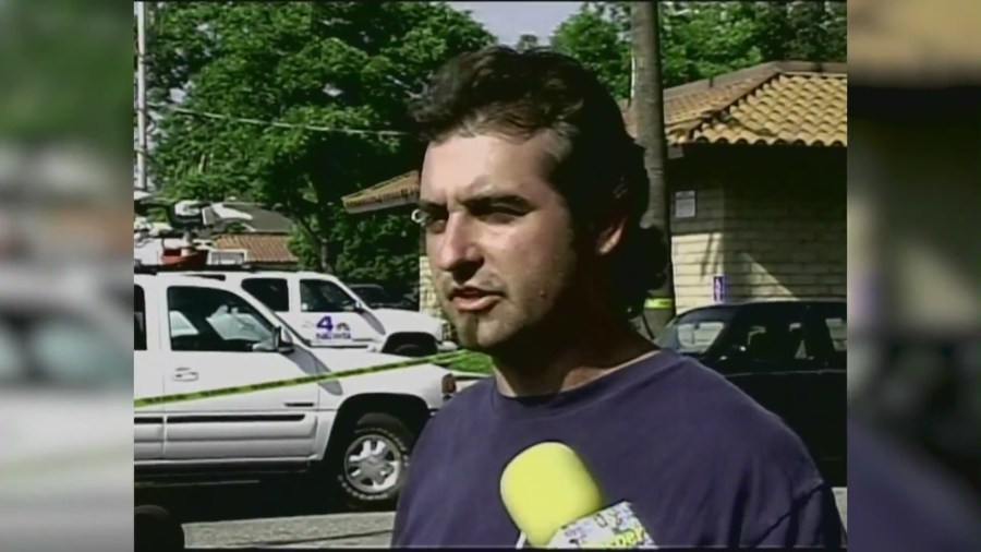 The girl's father spoke to reporters after an AMBER Alert was issued for his missing daughter in Riverside in June 2003. (KTLA)