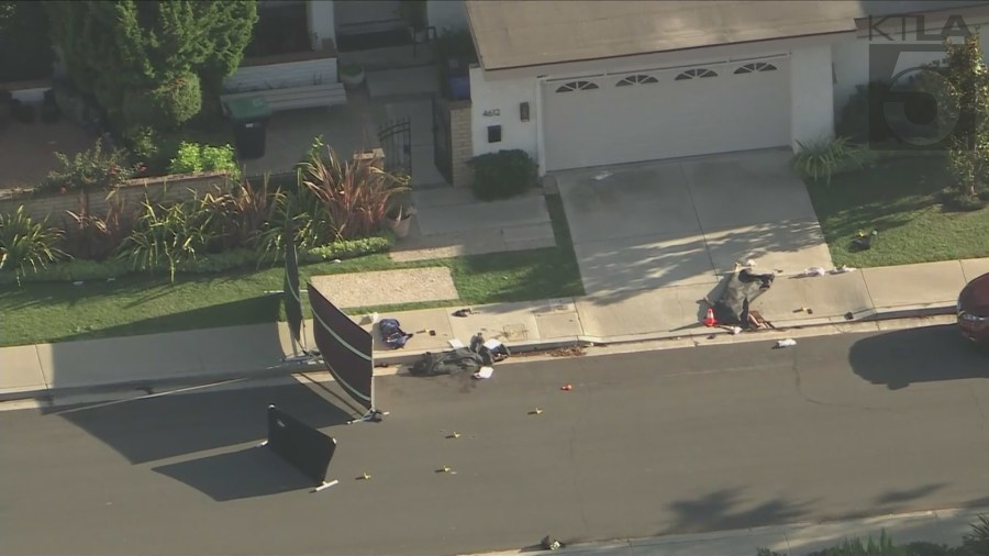 Police shot and killed a suspect who was seen stabbing a female family member outside an Irvine home on August 8, 2024. (KTLA)